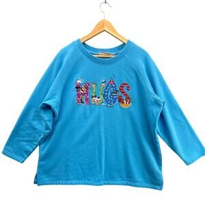 Quacker Factory Blue 3/4 Sleeve Cat Hugs Embroidered Sweatshirt Women 1XL